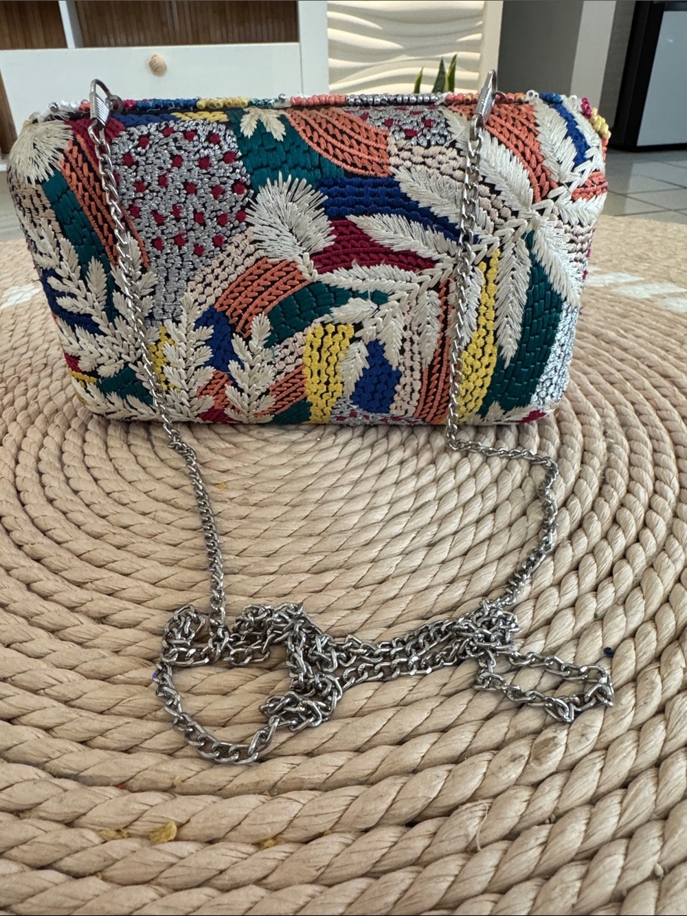 Multi-Color Embroidered Woven Chain Crossbody Bag